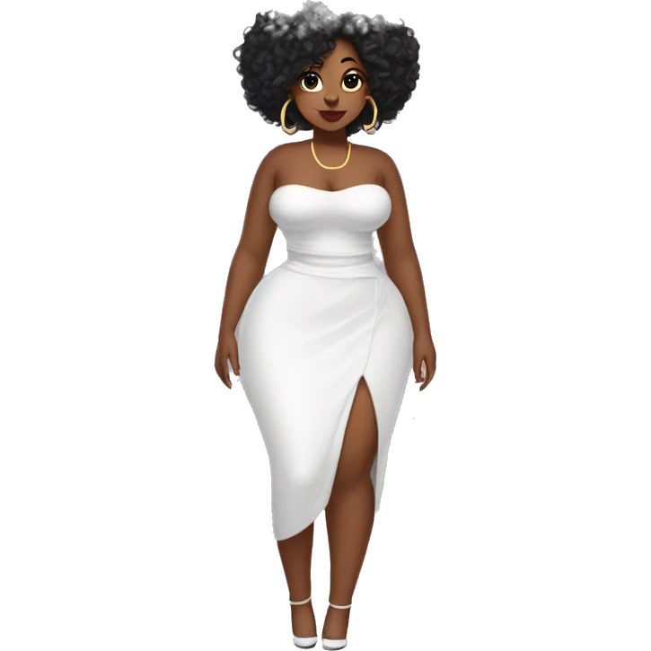 Black curvy woman with curly and a white tube top full body, naval piercing, dimples and lip gloss, hoop earrings, coquette bow emoji
