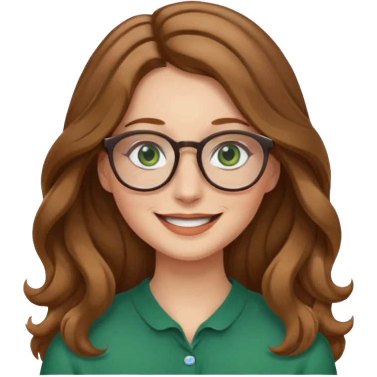 long wavy light brown hair woman with green eyes and glasses smiling closed mouth. middle part hair.  emoji