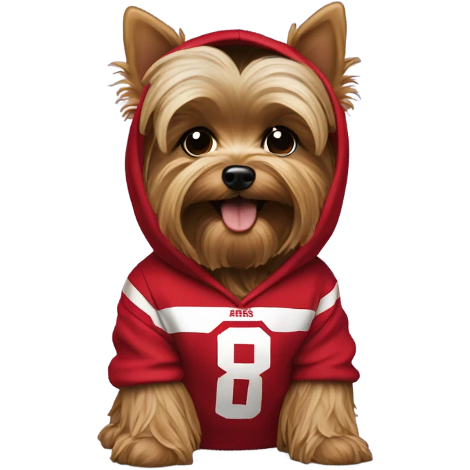 Generate yorkie emoji wearing 49ers hoodie emoji