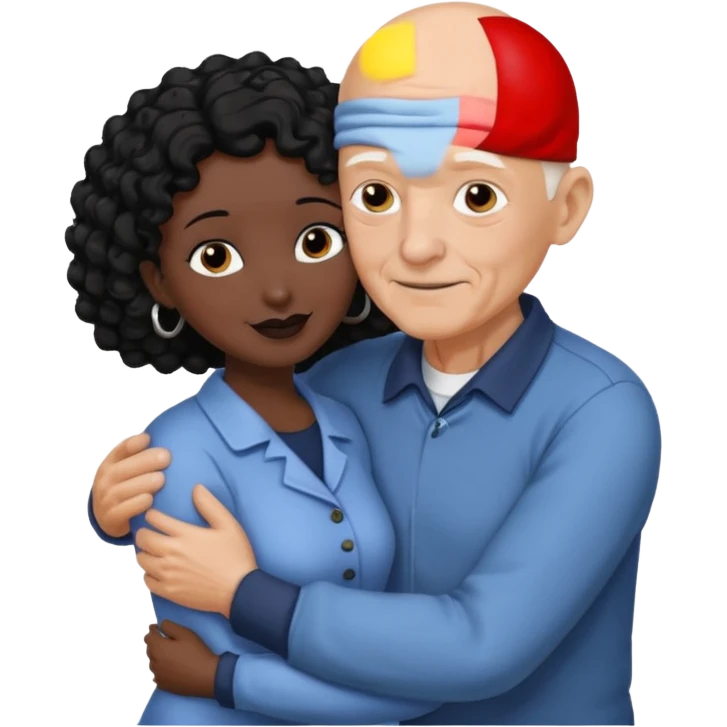  White no hiar Old man hugging dack skin curly hair woman emoji