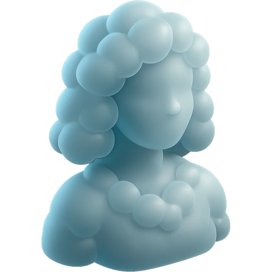 person looking straight ahead, composed entirely of bright, convex clouds, shoulder length, matte glass style emoji