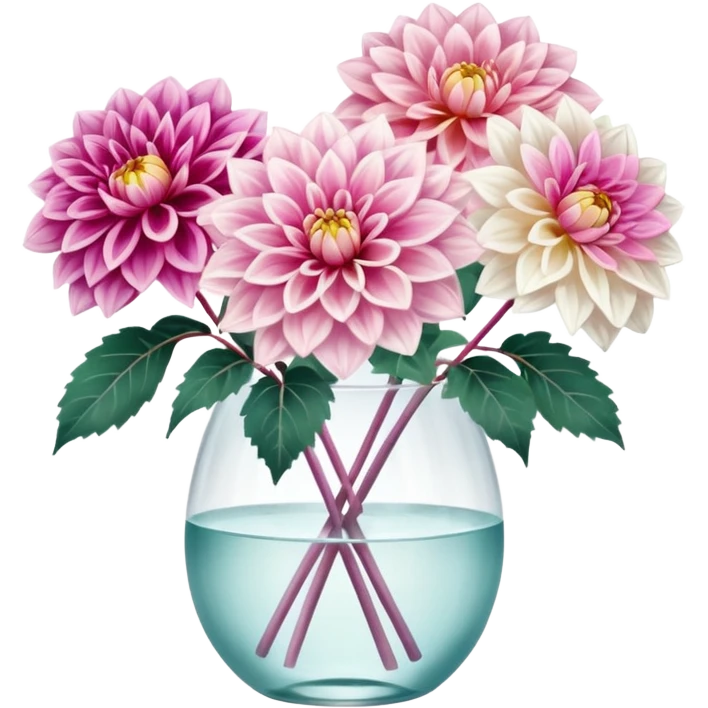 soft pastel realistic dahlia flowers in a clear vase with clear water emoji