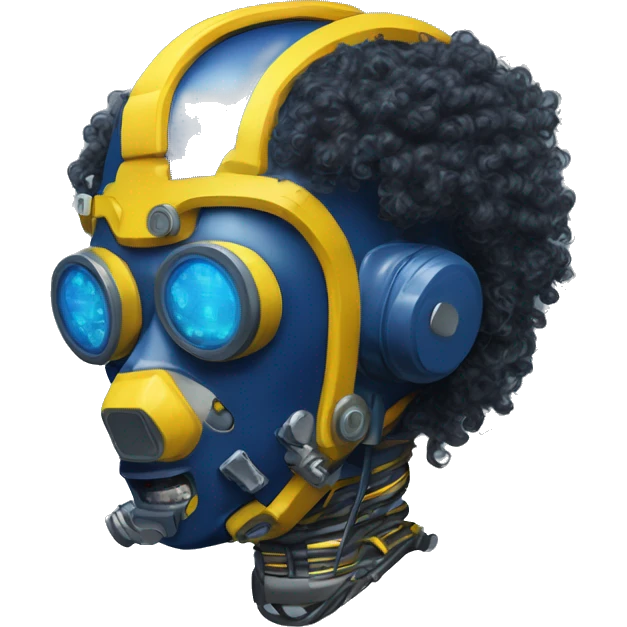 Dark Blue curly hair cyborg head with yellow respirator mask and circuitry emoji