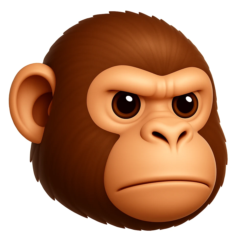 Keep the image exactly the same, just make the fur brown instead of green. iOS emoji style, 3D, shiny, smooth gradients, soft shadows, realistic chimpanzee face, classic emoji look. The style should resemble the iOS 3D emoji style with shiny and smooth gradients and soft shadows. emoji