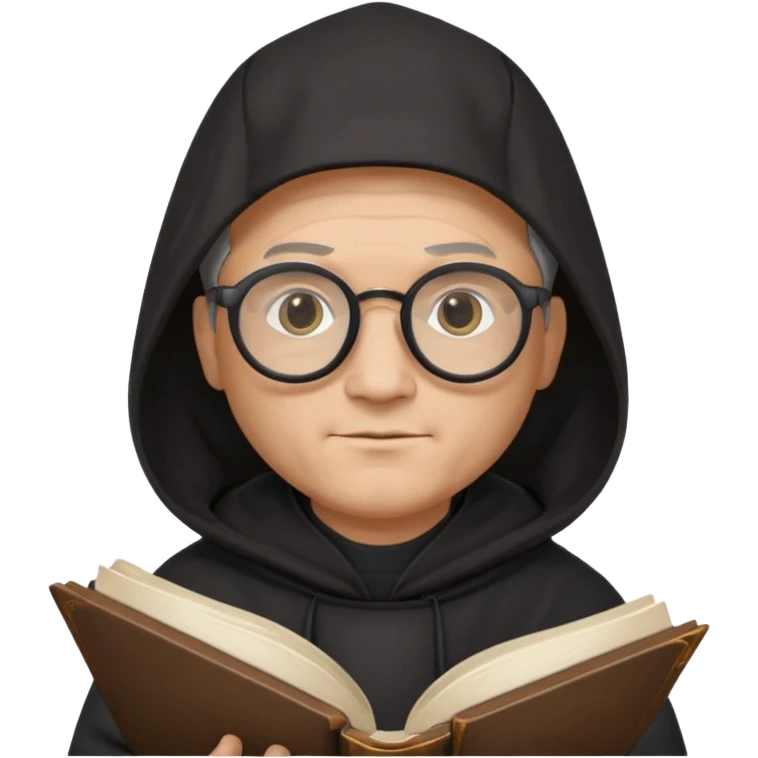 Monk priest prayer black habit with hood round black glasses done light brown wavy hair under hood remove the medallion smaller more round glassed age 46 no necklace more oval face hand holding book that says RB 480 top left is great add a little hair brown gray under hood  emoji