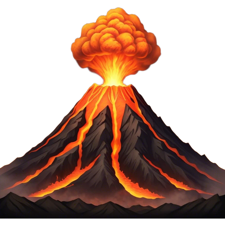 Cinematic Realistic Volcano Emoji, Powerful and awe-inspiring, with molten lava flowing from its jagged, smoking peak, casting an orange glow in the surrounding darkness. The landscape around it is barren and rocky, with clouds of ash rising into the sky. Soft glowing outline, capturing the essence of raw power and fiery energy in a towering volcano. emoji