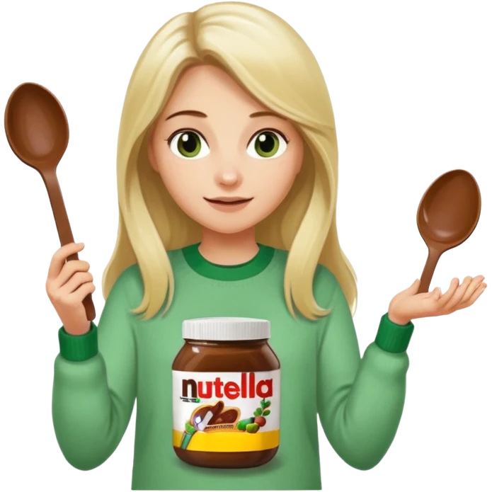 Blond woman with white and green pullover holds in one hand a big carriage of Nutella and in the other hand a oversized spoon which is inside the jar of Nutella. Her hair is long. And the Nutella jar is very big emoji