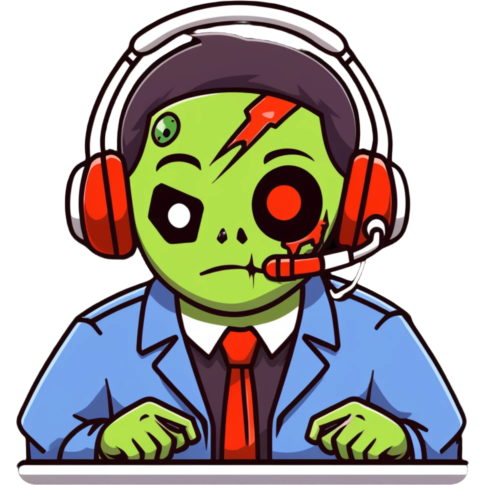 zombie call center employee with headphones, torn uniform, and dead eyes emoji