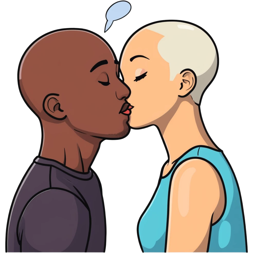 black bald man kissing white woman with short dark hair, cartoonish sticker style emoji