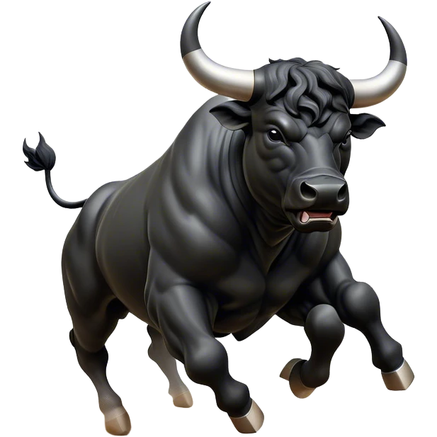 ​Cinematic Realistic Black Charging Bull, depicted in mid-charge with a powerful, muscular form and glossy black hide glistening under dynamic dramatic lighting, dust and motion captured mid-air to exude raw strength and unbridled energy on an expansive arena, emoji