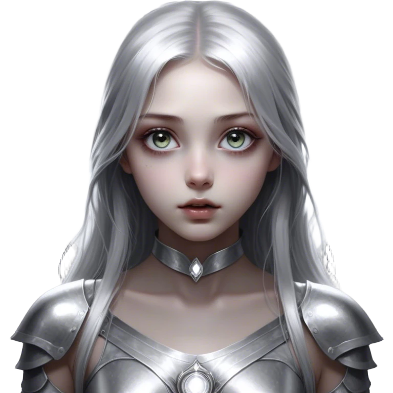 Cinematic girl with large sparkling eyes, Ultra realistic 32k HD, Breathtaking piece of art, rim lighting, hauntingly beautiful art, mostly greyscale, Balanced features, highly detailed digital artwork, glowing with silver light, glowing, high shine, deviant adoptable, highly detailed clothing, remembrance, a painting of white silver, fanciful, enchanting, ghostly, embodying the essence of both reality and fantasy, dreamy, dreamy glow, optical illusion, immaculate composition, complex pose, air composition. The image is so lifelike that it feels as though it could leap off the canvas at any moment emoji