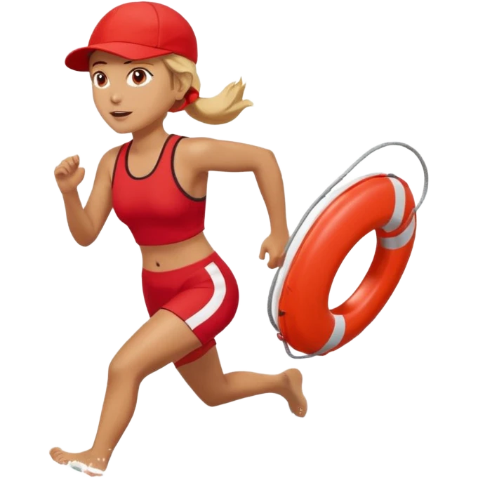 Female lifeguard – red cap, running along shore with rescue buoy emoji