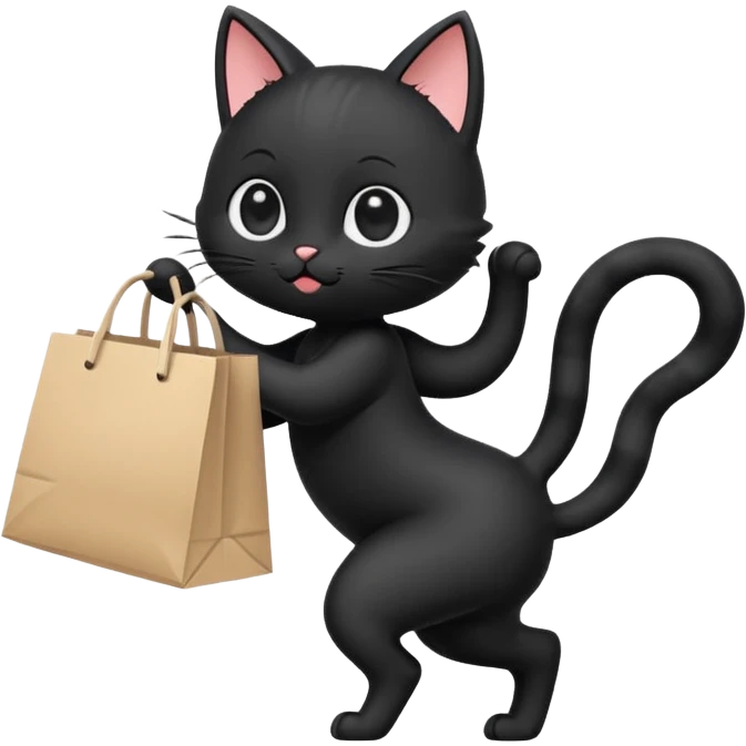 A cute chibi-style black cat emoji in side view like 🏃, running on two legs while holding a shopping bag. Short limbs, small body proportions (SD character style), round head, big expressive eyes, minimalist emoji design, soft colors, vector look. emoji