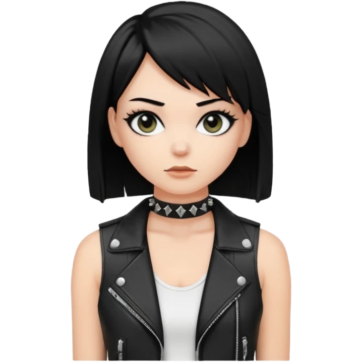 A white girl with Black eyes and black straight hair with a bob with a black spiked chocker with white tank top with a leather jacket on emoji