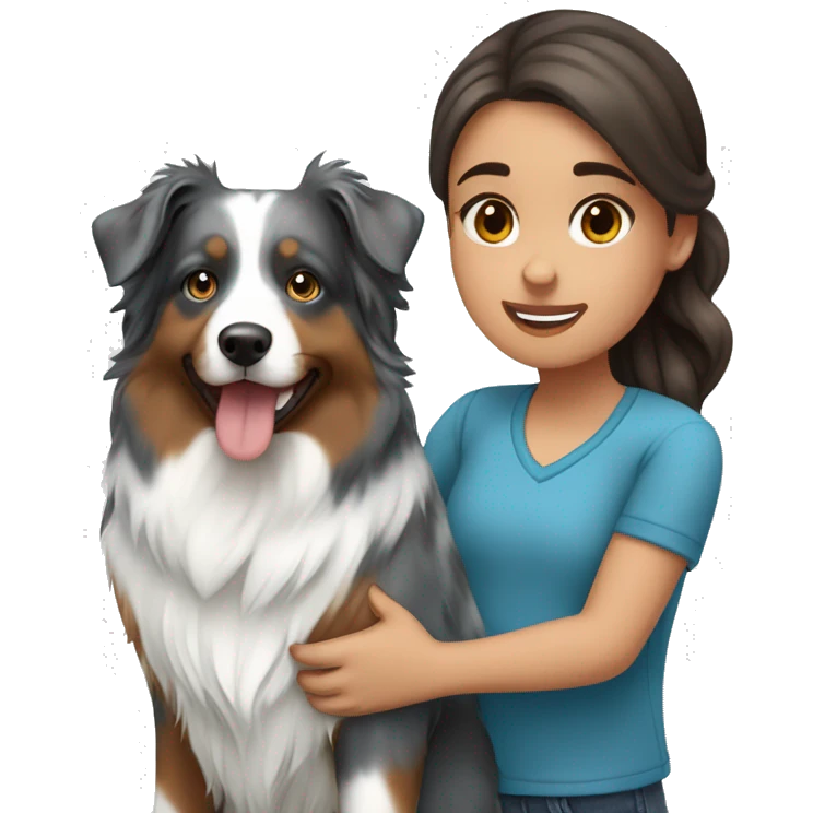 Girl with long brown hair holding blue merle Australian shepherd emoji