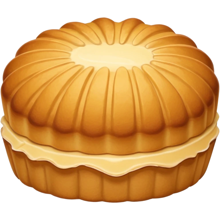 A madeleine pastry. Oval shaped with vertical lines going in the same direction as the oval. Light golden brown. Scalloped edge. Cookie. Flat. emoji