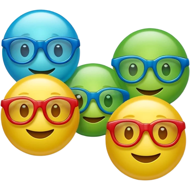 Cute 3D cartoon emoji sticker of a plastic glasses and ball game with three glossy 3 plastic glasses (blue, green, red) and a yellow ball, soft lighting, smooth shadows, playful, white sticker outline, transparent background, high resolution. emoji