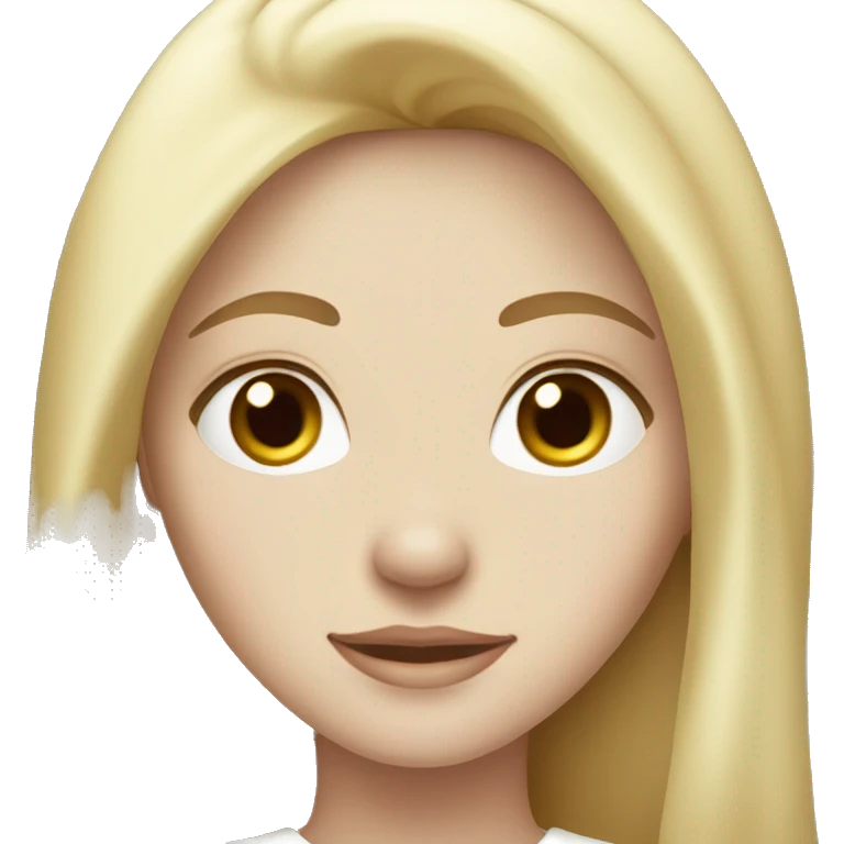 The girl is blonde with dark brown eyes and freckles and long hair. in white clothes. with pale skin. emoji