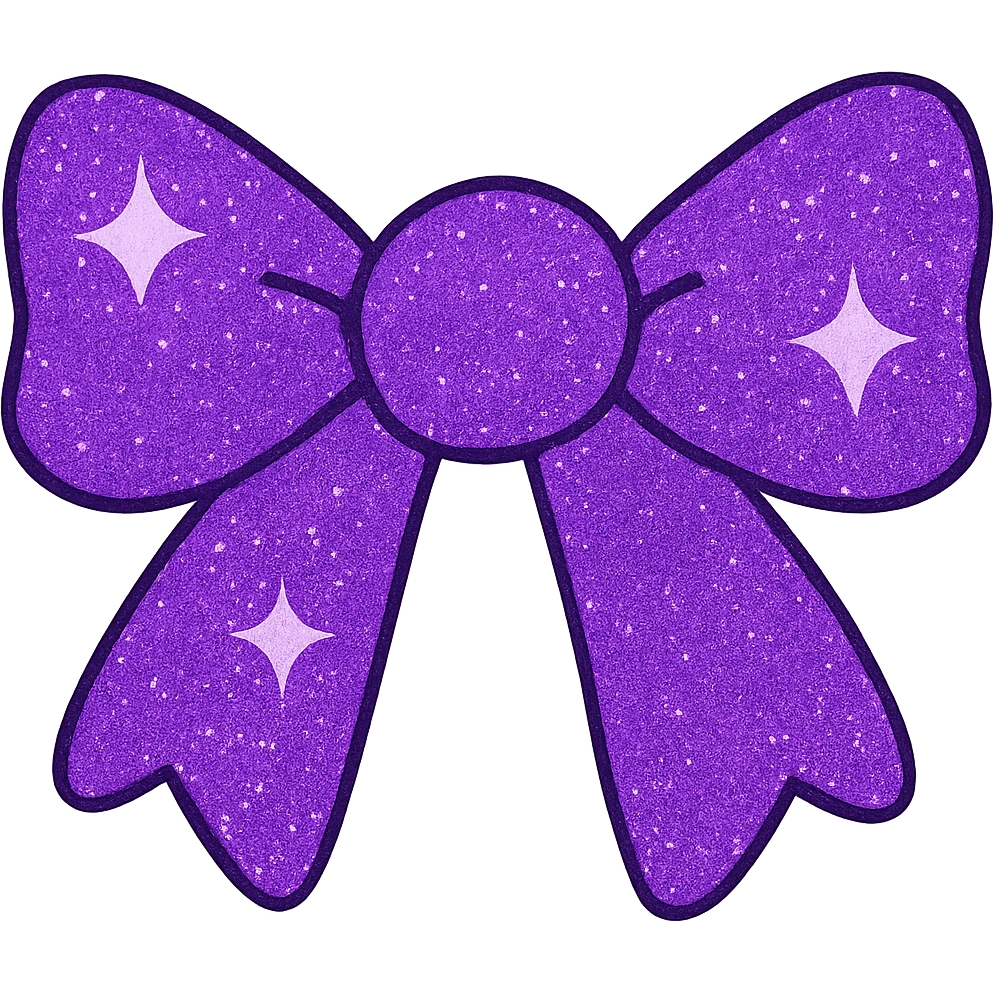 Make the sparkling bow purple with glitter details, playful and stylish, no background. The bow should be vibrant and covered in purple glitter with a shiny texture. emoji