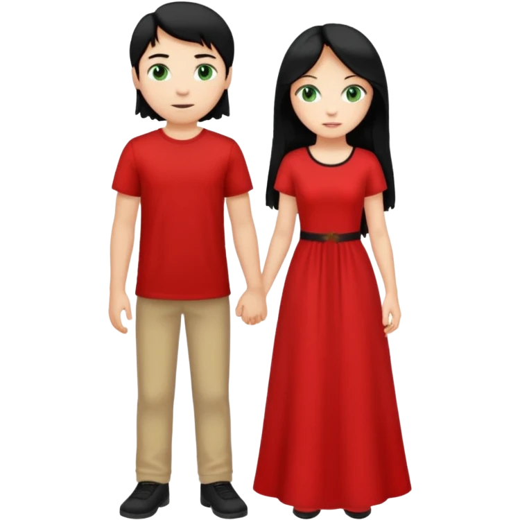 full-length couple, girl with long black hair and green eyes in red dress, boy with blonde hair in white t-shirt emoji