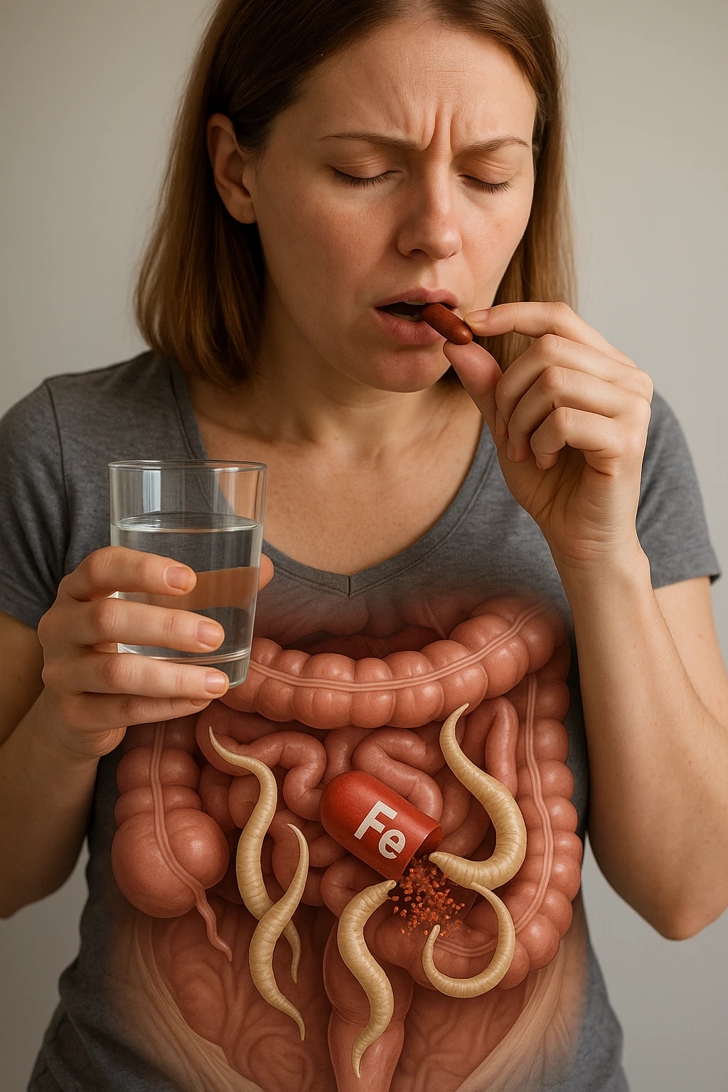 donna con parassiti intestinali che prende integratore di ferro, ma lo mangiano i suoi parassiti. Immagini realistiche emoji