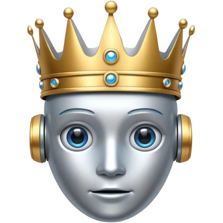 silver robot with blue eyes with golden crown emoji