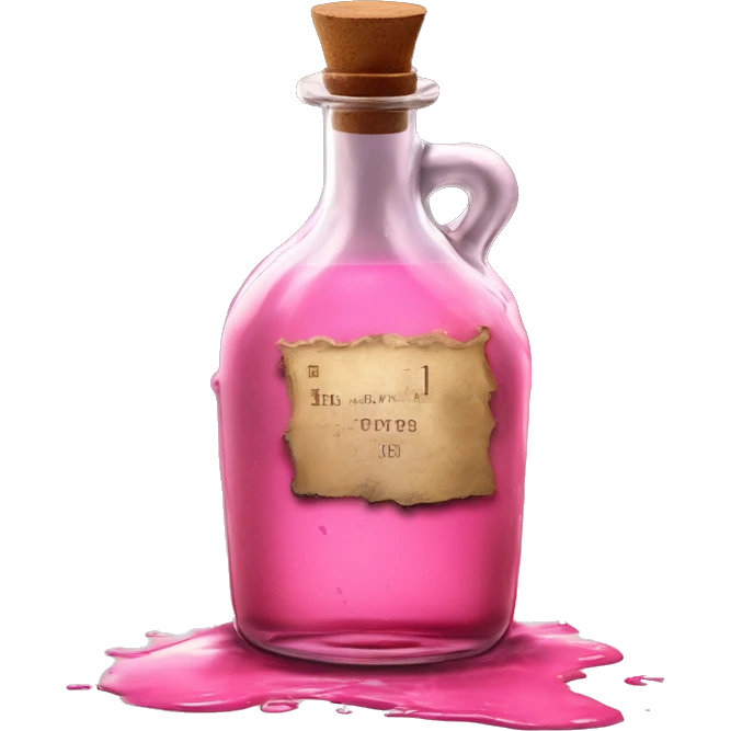 Mysterious Alchemical vintage glass potion bottle, exquisite bottle shape, old and shabby, with label, stylish and minimalistic, brown and pink, oil potion is poured out of the bottle, oil is spilled next to it emoji