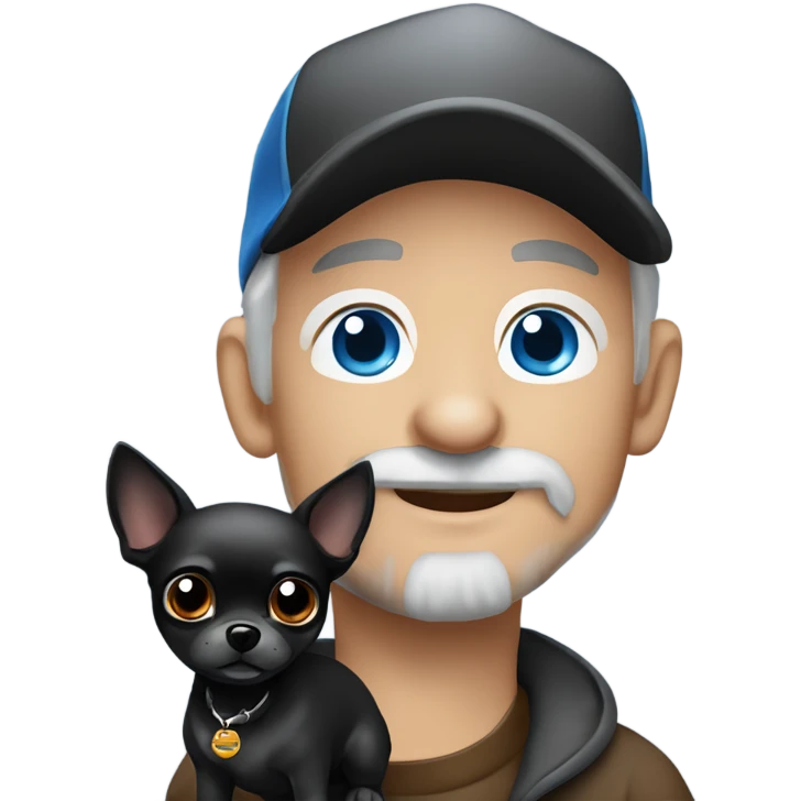 Old man with blue eyes goatee beard ball cap holding cute black Chihuahua with long fur emoji