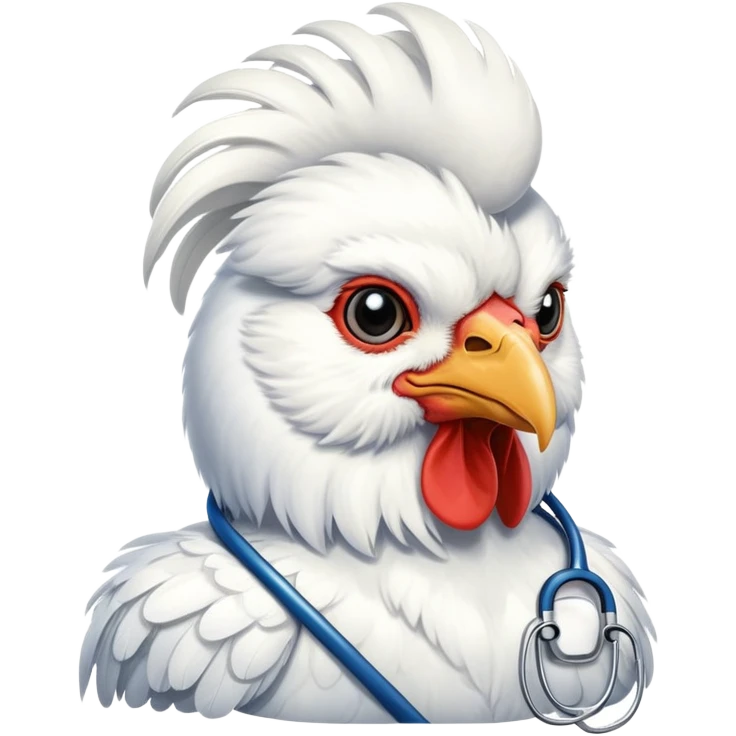 A White Silkie Bantam rooster wearing a doctor's stethoscope. The head feathers look like a large fluffy wig. emoji