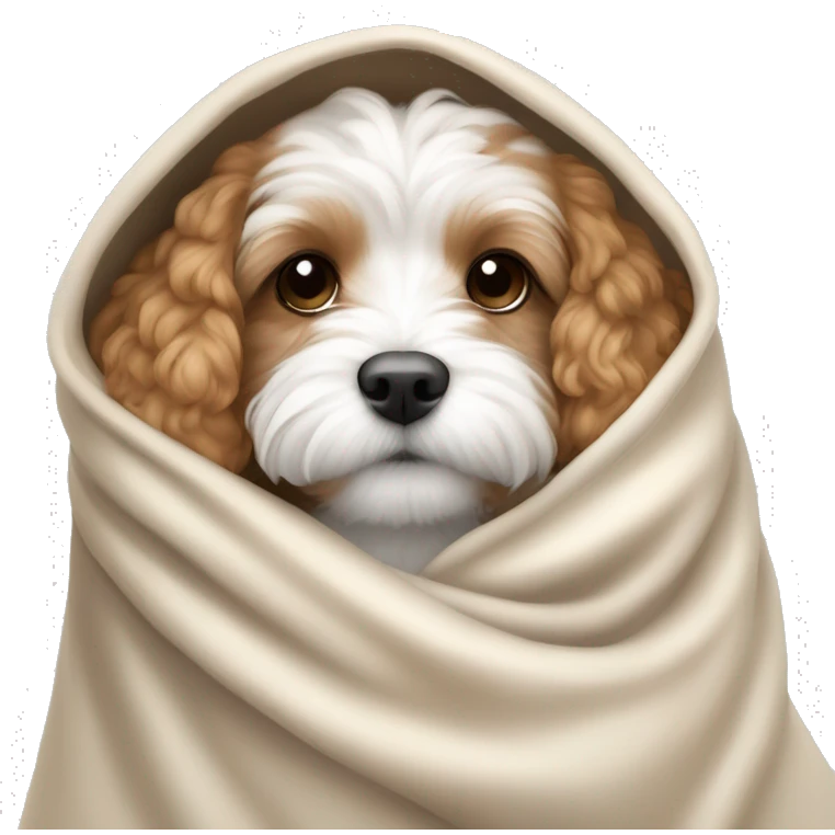 white and light brown cavoodle snuggling in blanket emoji