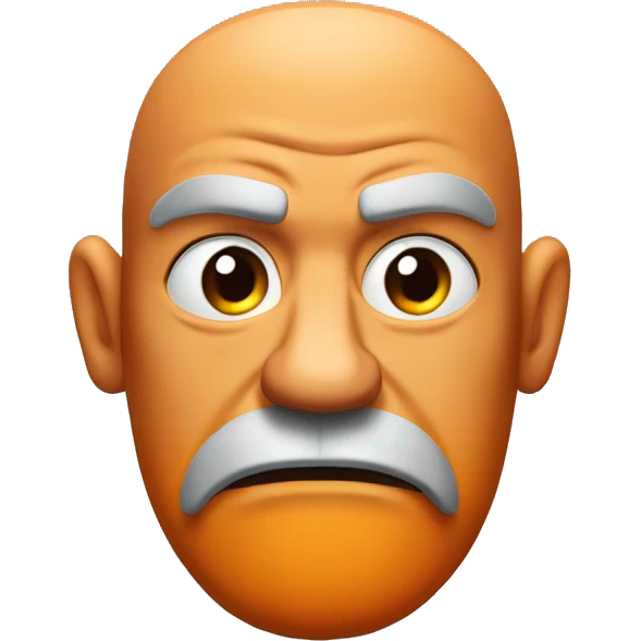 3D cartoon head of a grumpy giant with a bald top, thick black eyebrows, orange nose, layered black beard, round ears, and a smooth, minimalist design on a gray background. emoji