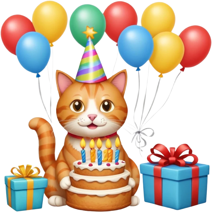 Ginger cat celebrates birthday, birthday hat, birthday cake, balloons, happy, gifts emoji