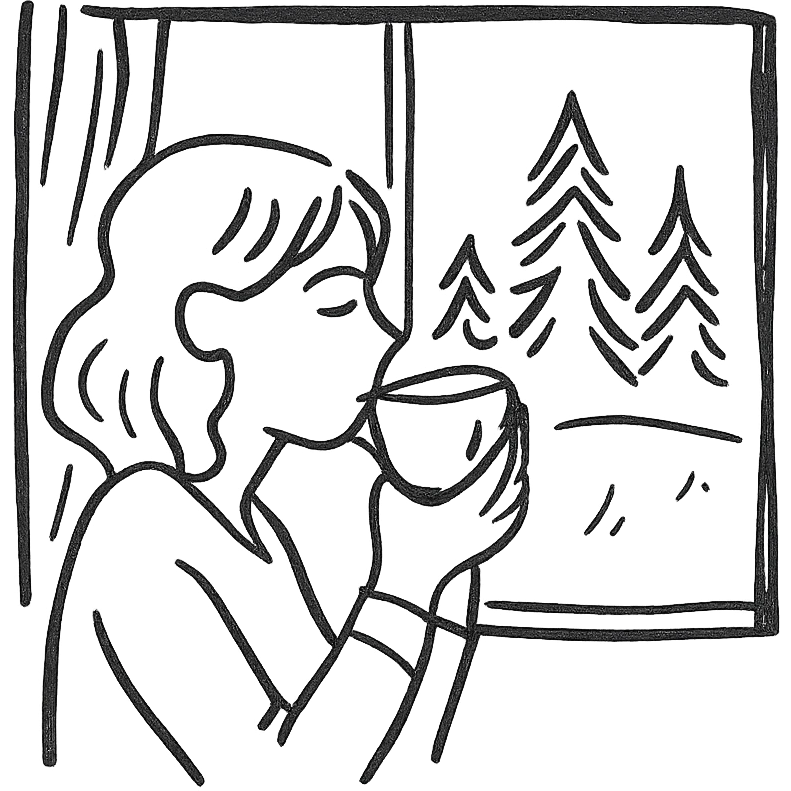 A woman enjoying tea by a window with a forest view emoji