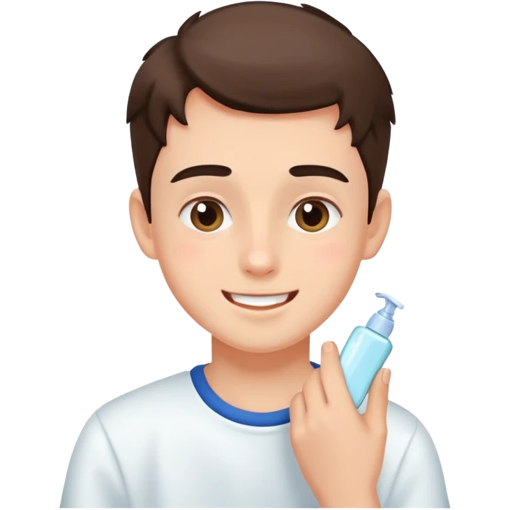 boy applying skincare in the morning, cheerful expression, simple background emoji