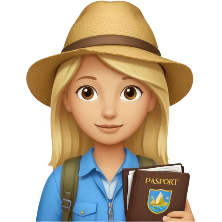 blonde haired Traveler character with passport, backpacker,  emoji