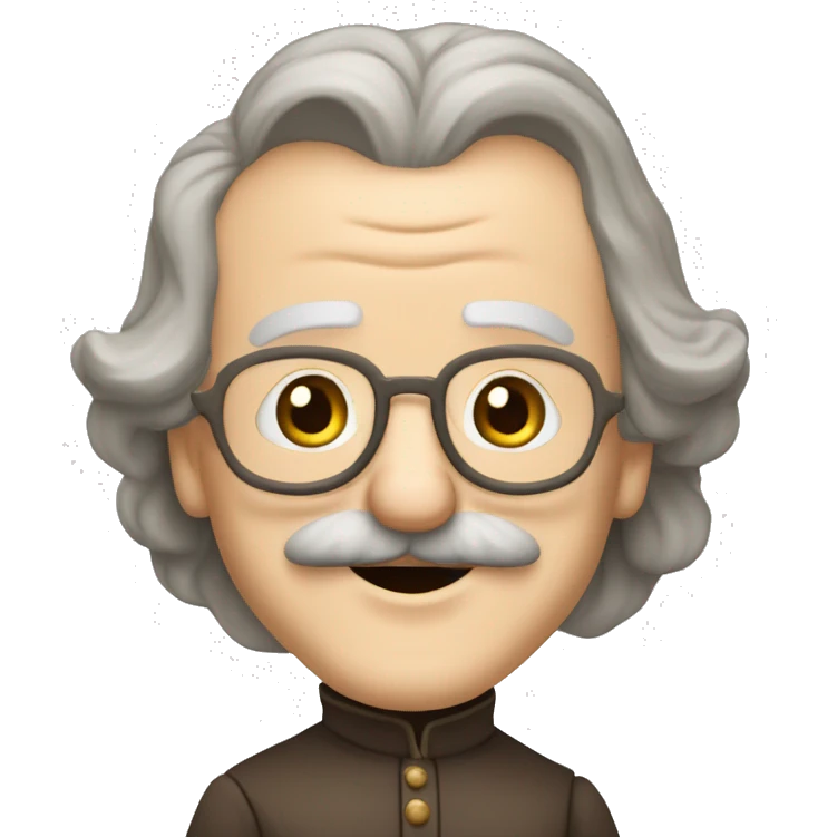 Short pudgy old man over enthusiastic happy excited face bald forehead long wavy gray and brown brunette long wavy hair moustache Shakespearean dress vintage clothes hamlet emoji