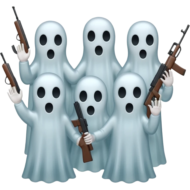Fantasmas con un fusil y haciendo hola y chao con la manos emoji
