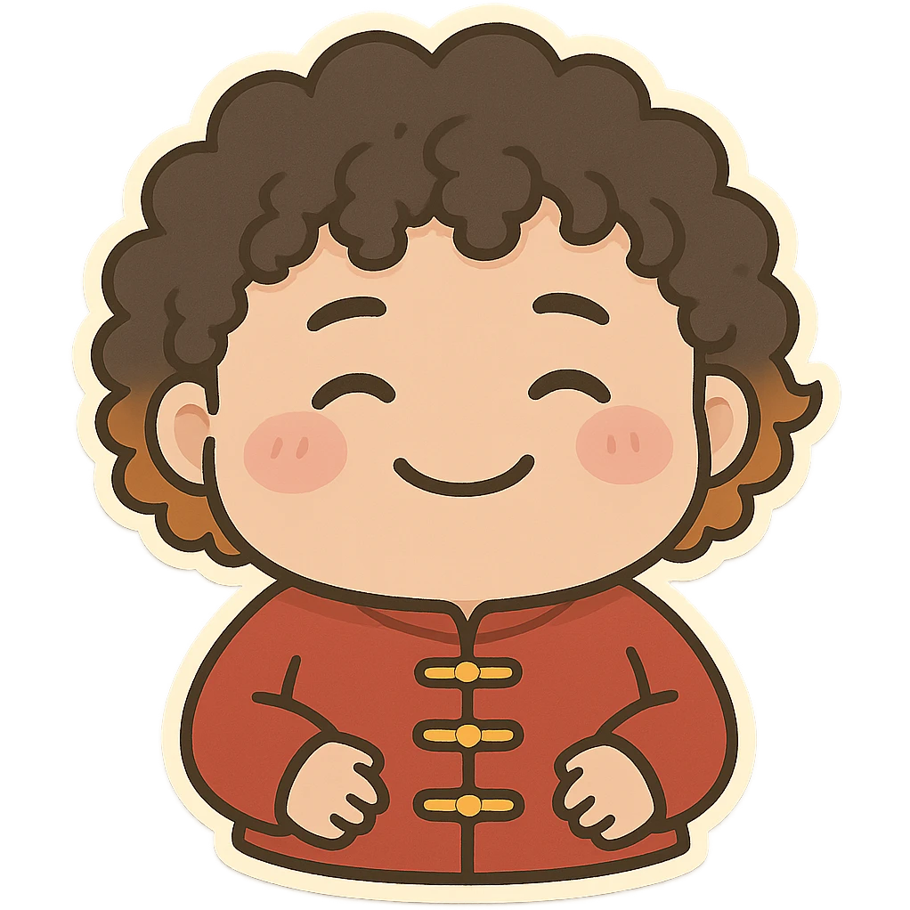 chubby Chinese person with curly perm hair, orange-brown tips, smiling face emoji
