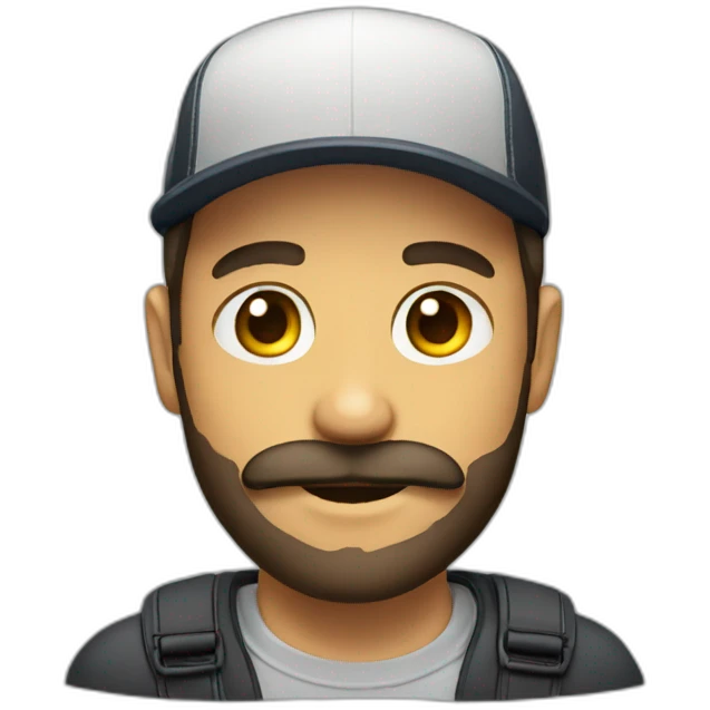 A guy in a cap with a beard and mustache smiles emoji