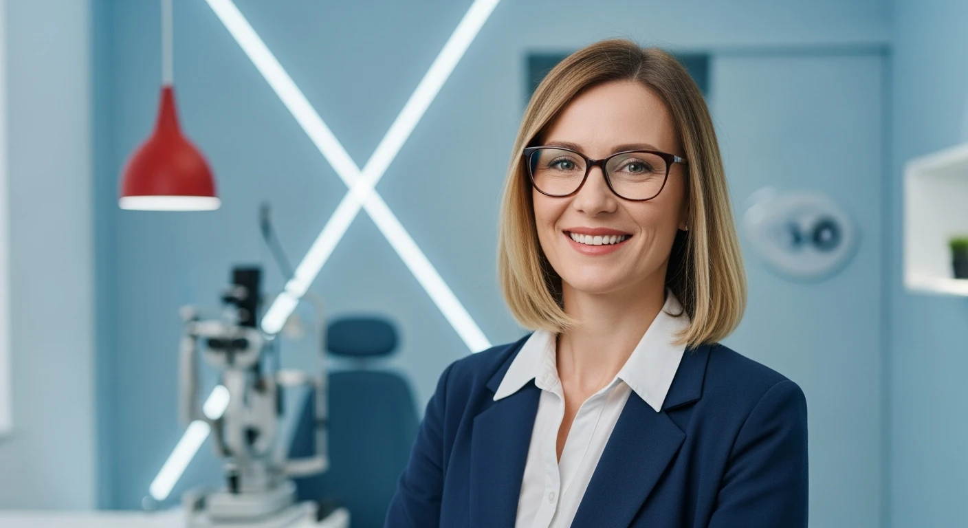 Cinematic still, Proffesional advertising of a smiling european white woman with glasses smiling, minimalistic ophthalmologist interior in background, leading  lines, "rule of thirds", 60/30/10 colors, soft light, blue and red emoji