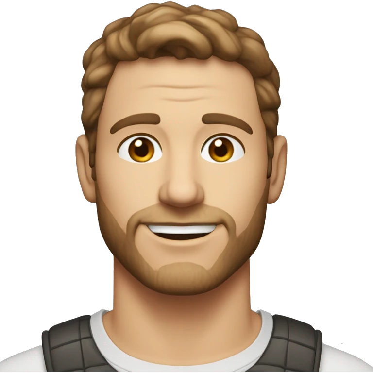 A head and shoulders shot of a 34 year old white man, with short brown hair, with stubble facial hair,   with brown eyes wearing a t-shirt. emoji