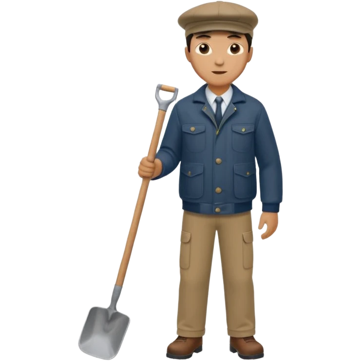 male worker 1950, wearing a flat cap, jacket and trousers, standing holding a shovel emoji