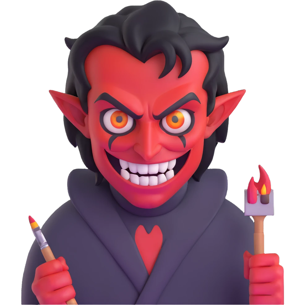 Demonic artist with wild eyes and a sinister smile painting hellscapes emoji