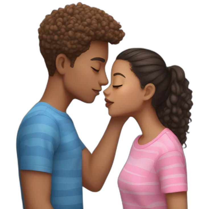 Mixed boy in blue shirt kissing ia mixed girl with pink shirt and lightskin stripes emoji