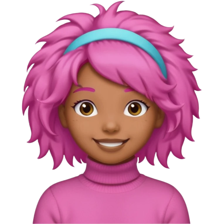 brown fluffy haired girl with pink turtleneck sweater and pink hair band emoji