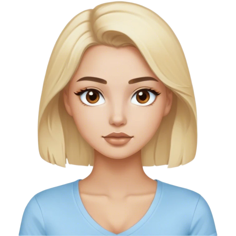 Blonde model with brown eyes, light blue cottons v-neck tee, luxury makeup emoji
