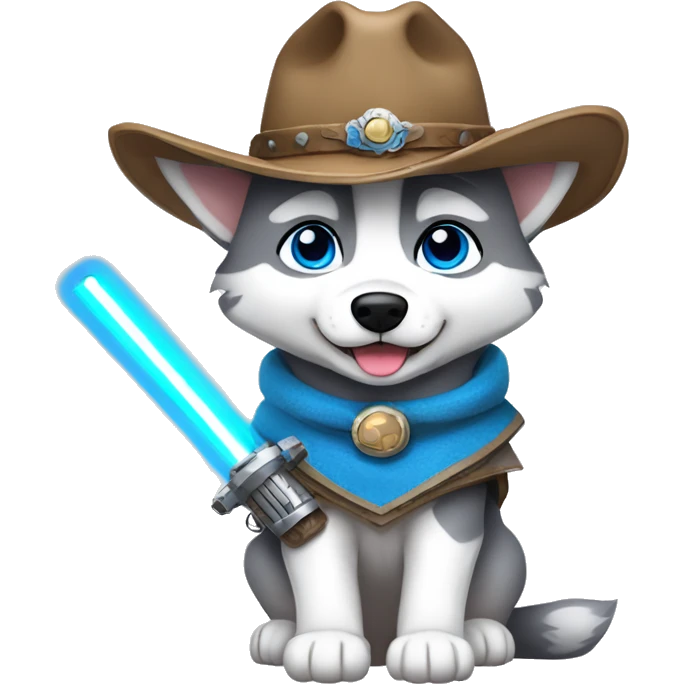 Gray Siberian Husky with blue eyes puppy wearing a cowboy hat dressed in Jedi clothing holding a lightsaber  emoji