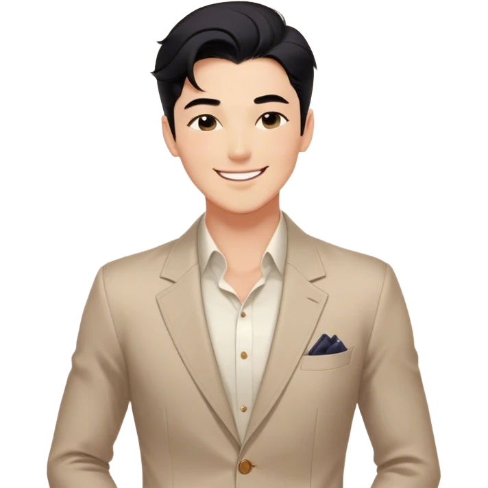 A confident man with black hair, a charming smile, and a stylish outfit. He stands with a relaxed posture, winking at someone, exuding an air of charm and charisma. His appearance is well-groomed, and he gives off a confident yet mischievous vibe, with one eye closed in a playful wink emoji