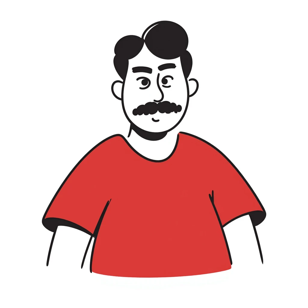 Recep İvedik, a burly man with a thick mustache, bushy eyebrows, and a red t-shirt, looking grumpy and comedic, hand drawn doodle style emoji