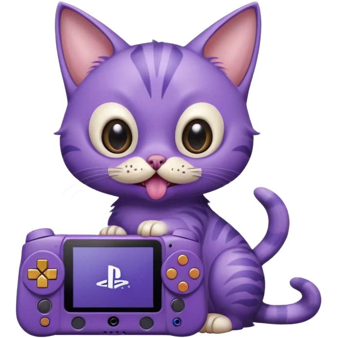 purple cat with huge eyes smelly lines and their massive brown tongue out also a playstation next to it and an ostrich on its back realistic emoji